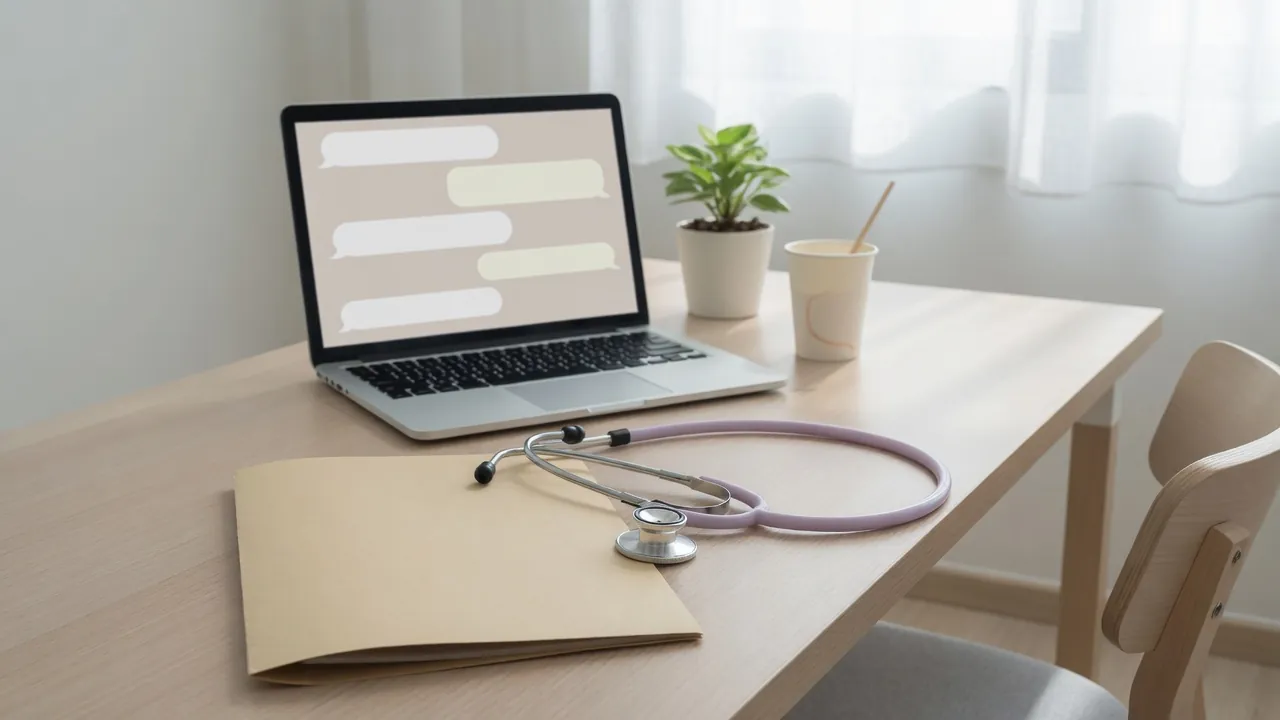 Bureau de consultation : dossier fermé, stéthoscope, ordinateur ouvert sur un échange.
